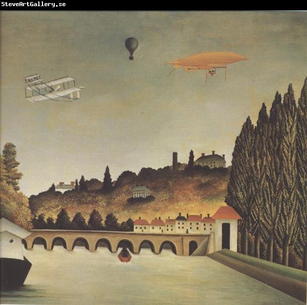 Henri Rousseau View of the Bridge at Sevres and Saint-Cloud with Airplane,Balloon,and Dirigible